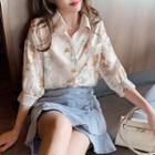 3/4-sleeve Floral Print Shirt Beige - One Size