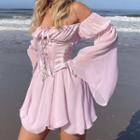 Bell-sleeve Off-shoulder Tie-front Mini Dress