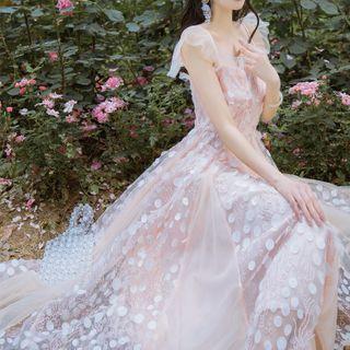 Sleeveless Floral Mesh Midi A-line Dress
