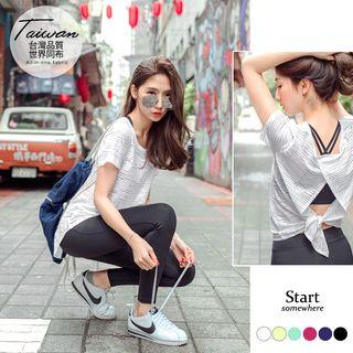 Short-sleeve Sheer Heathered Cutout Back Tee