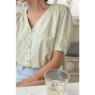 Puff-sleeve Floral Blouse Blue - One Size