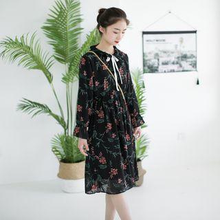Long Sleeve Floral Print Chiffon Dress Black - One Size