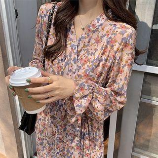 Long-sleeve Floral Print Chiffon Midi Dress As Shown In Figure - One Size