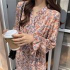 Long-sleeve Floral Print Chiffon Midi Dress As Shown In Figure - One Size