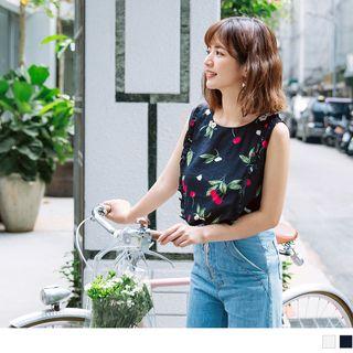 Sleeveless Frilled Trim Print Cropped Top