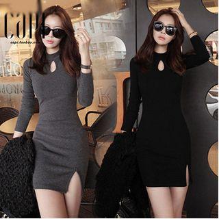 Long-sleeve Keyhole Ribbed Sheath Dress