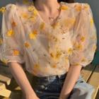 Set: Camisole Top + Balloon-sleeve Floral Mesh Blouse