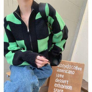 Check Zip Cardigan Green - One Size