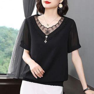 Short-sleeve Mesh Trim Chiffon Blouse