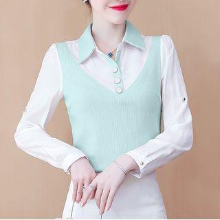 Mock Two-piece Half-button Blouse