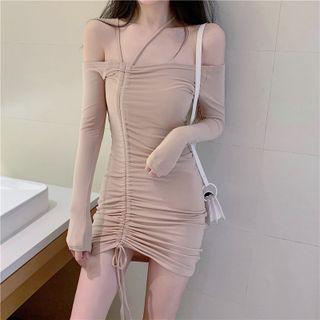 Long-sleeve Off-shoulder Drawstring Mini Bodycon Dress Khaki - One Size