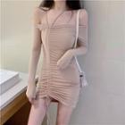 Long-sleeve Off-shoulder Drawstring Mini Bodycon Dress Khaki - One Size