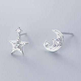 925 Sterling Silver Asymmetric Rhinestone Star Drop Earring 1 Pair - One Size