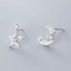 925 Sterling Silver Asymmetric Rhinestone Star Drop Earring 1 Pair - One Size