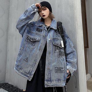 Front Pocket Lettering Embroidered Denim Jacket Blue - One Size