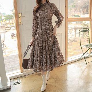 Mock-neck Smocked-trim Tiered Floral Dress