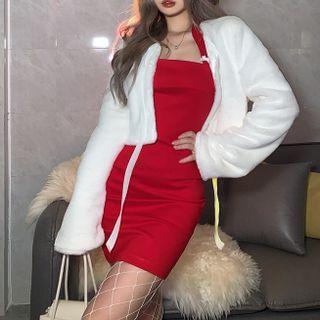 Halter-neck Bow Detail Mini Sheath Dress / Lace Up Fluffy Jacket