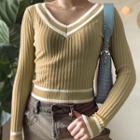 Long Sleeve V-neck Contrast-trim Ribbed-knit Sweater