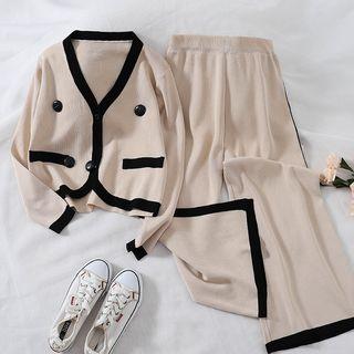 Set: Double Breasted Cardigan + Wide-leg Knit Pants
