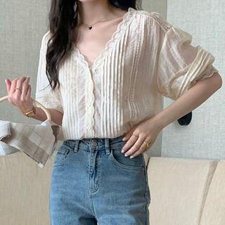 Lantern Sleeve Lace Trim Blouse Beige - One Size