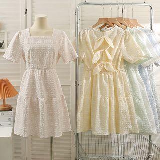 Ribbon-back Embossed Mini Dress In 6 Colors