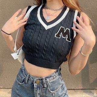 Lettering Embroidered Crop Sweater Vest