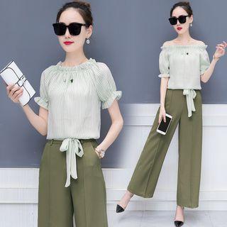 Set: Striped Off-shoulder Top + Wide-leg Pants
