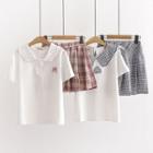 Set: Short-sleeve Polo Shirt + Plaid Mini A-line Pleated Skirt
