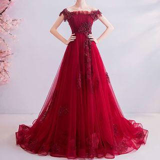 Off-shoulder Rhinestone Floral A-line Mesh Evening Gown