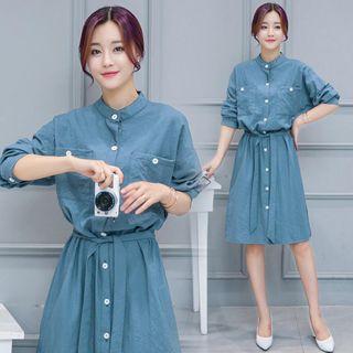 Button-front Long-sleeve Denim Shirtdress
