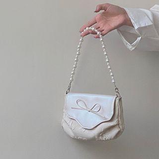 Faux Pearl Cotton Shoulder Bag Beige - One Size