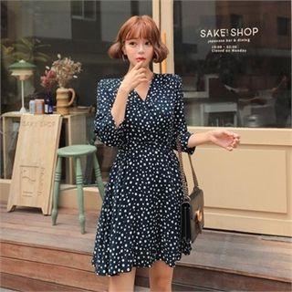 Puff-shoulder Dotted Mini Wrap Dress
