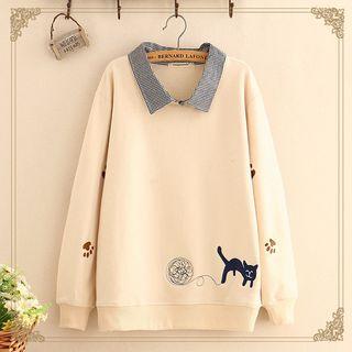 Mock Two-piece Collared Embroidered Sweatshirt