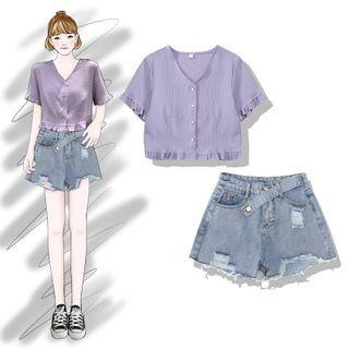 V-neck Short-sleeve Blouse / Distressed Denim Shorts