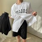 Elbow-sleeve Lettering Asymmetrical T-shirt