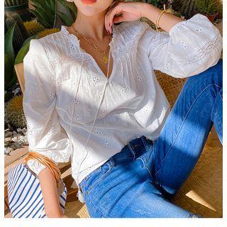 Long-sleeve Tasseled Tie-front Eyelet Lace Blouse