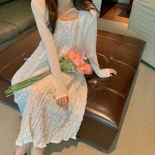 Spaghetti Strap Floral Print Midi A-line Dress Floral - White - One Size
