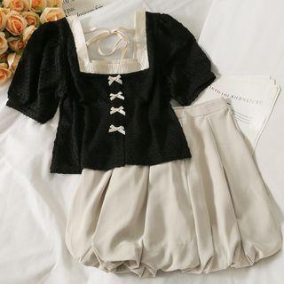 Set: Ribbon-accent Colorblock Crop Top + Bubble Shorts