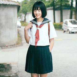 Set: Sailor Collar Short-sleeve Blouse + Pleated Skirt + Neck Tie