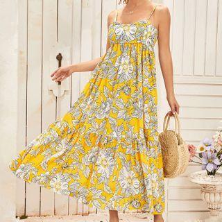 Flower Print Spaghetti Strap Maxi Shift Dress