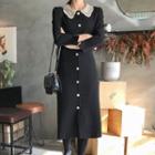 Lace-collar Buttoned Coatdress Black - One Size