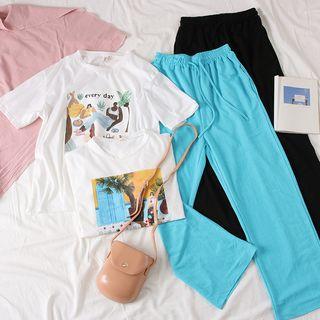 Set : Printed Letter T-shirt + High-waist Pants