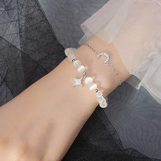 Set: Moon Sterling Silver Bracelet + Star Faux Cat Eye Stone Bracelet Set Of 2 - S925 Silver - White & Silver - One Size