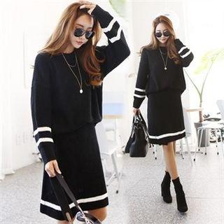 Set: Contrast-trim Knit Top + Knit Skirt