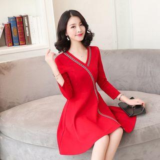Patterned Trim V-neck A-line Dress