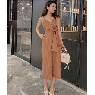 Spaghetti Strap Pinstriped Cropped Wide-leg Jumpsuit