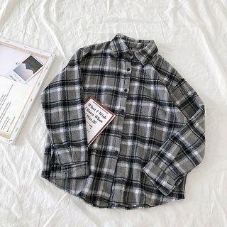 Color-block Plaid Single-breasted Acrylic Blouse Dark Gray - One Size