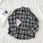 Color-block Plaid Single-breasted Acrylic Blouse Dark Gray - One Size