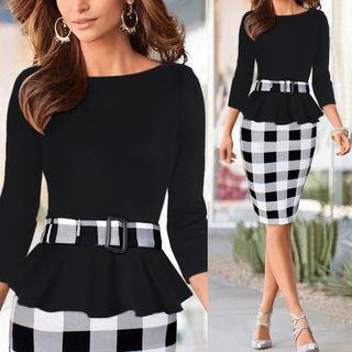 Mock Two-piece Gingham Peplum Dress