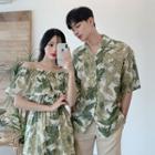 Couple Matching Leaf Print Short-sleeve Shirt / Short-sleeve Midi Dress